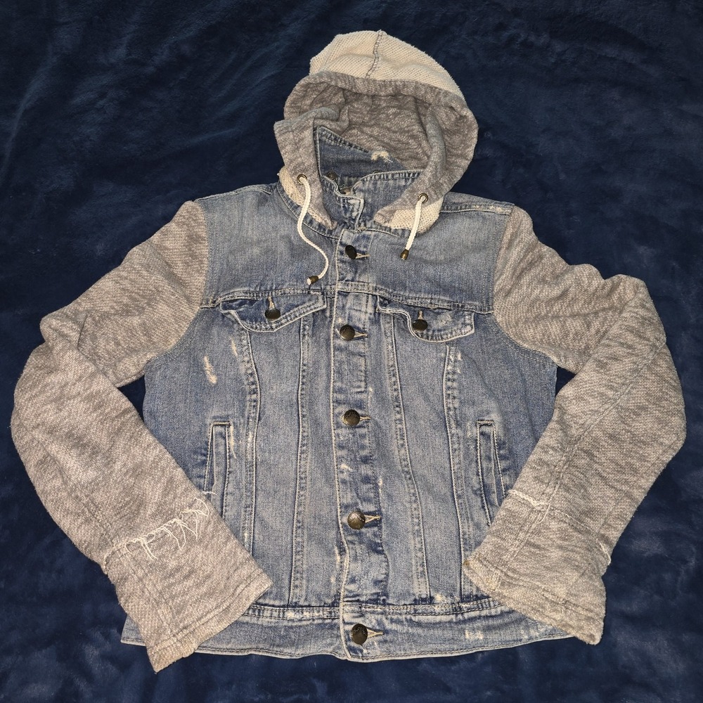 Free People Denim Hoodie Jacket Knit‎ Sleeves Small Gray Distressed Grunge Indie